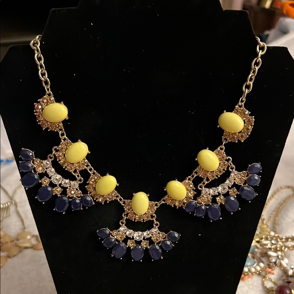 Statement Bib Necklace with Yellow, Navy & Crystal Accents